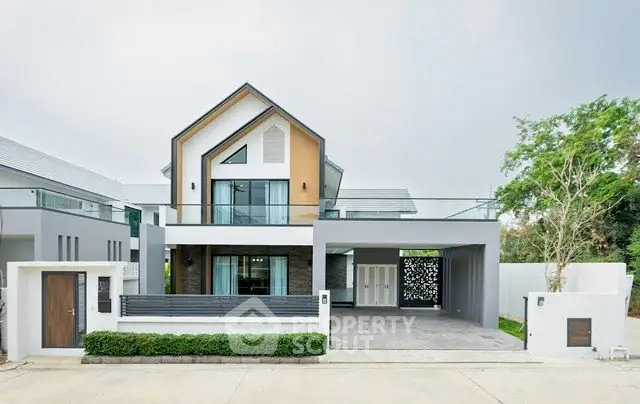Modern two-story house with sleek design and spacious driveway in a serene neighborhood.