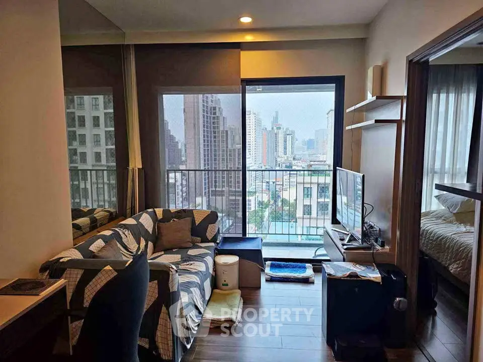 Modern living room with city view and cozy furnishings in urban apartment
