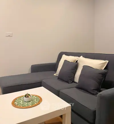 Cozy living room with modern grey sofa and white coffee table