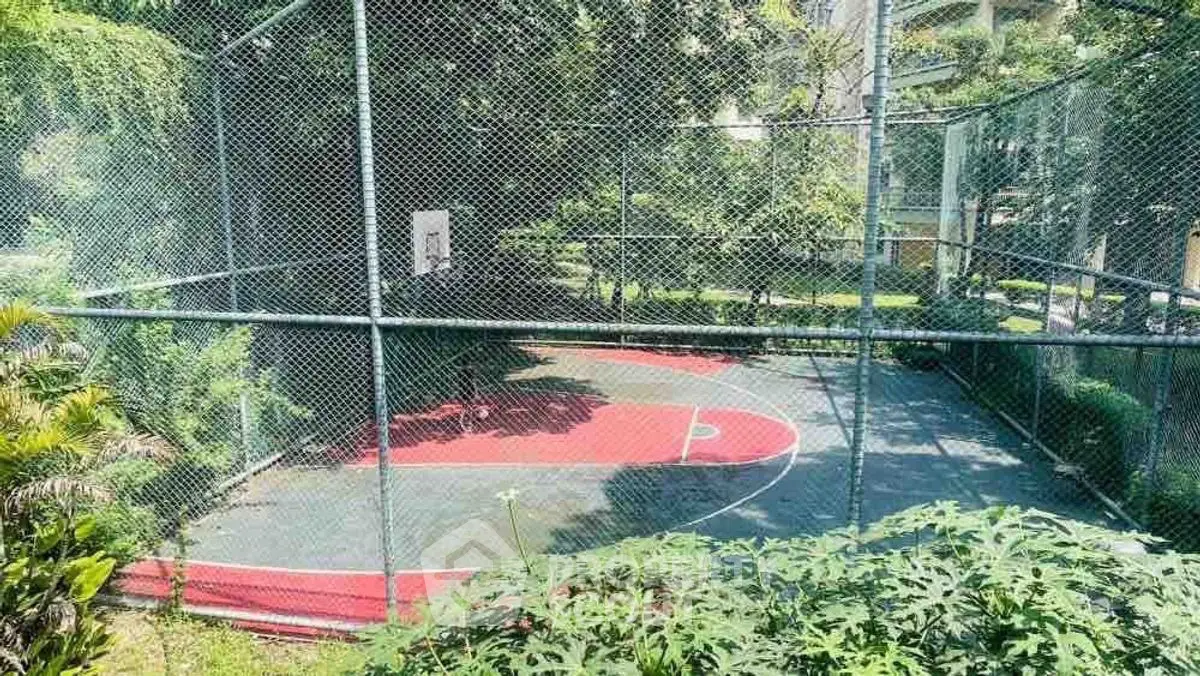 Charming outdoor basketball court in lush green residential complex