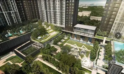 Luxurious modern apartment complex with lush gardens and recreational facilities