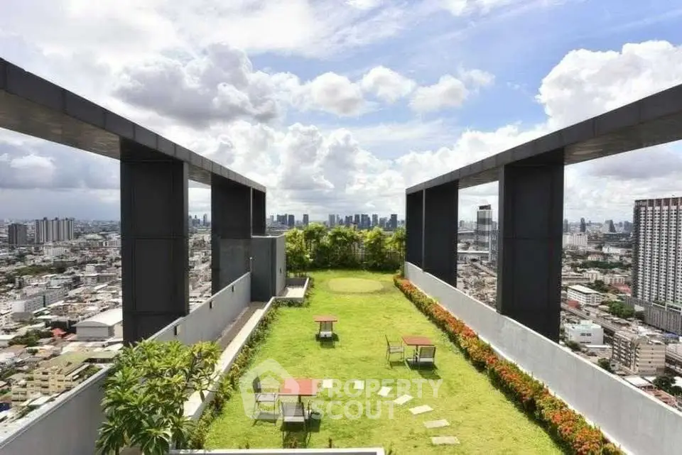 Stunning rooftop garden with panoramic city views, perfect for relaxation and entertainment.