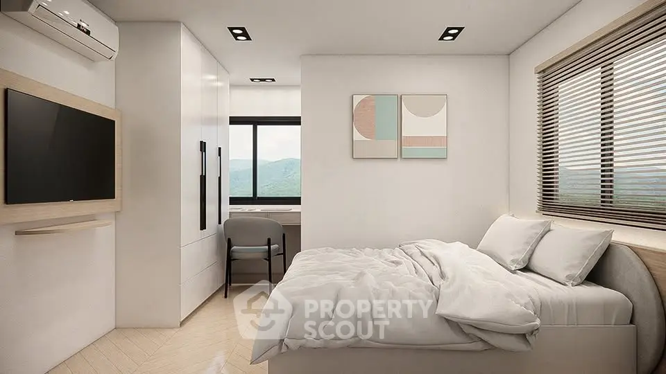 Modern bedroom with scenic window view and minimalist decor