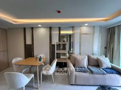 Modern living room with elegant decor and cozy seating area