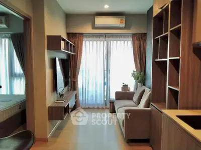 Modern living room with cozy sofa and stylish wooden shelves
