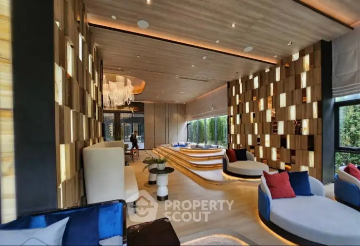 Luxurious modern living room with unique wooden paneling and elegant lighting