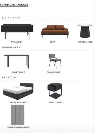 Stylish furniture package for living, dining, and bedroom areas.