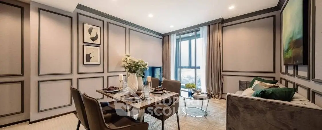 Elegant living room with modern decor and dining area, featuring large windows and stylish furnishings.