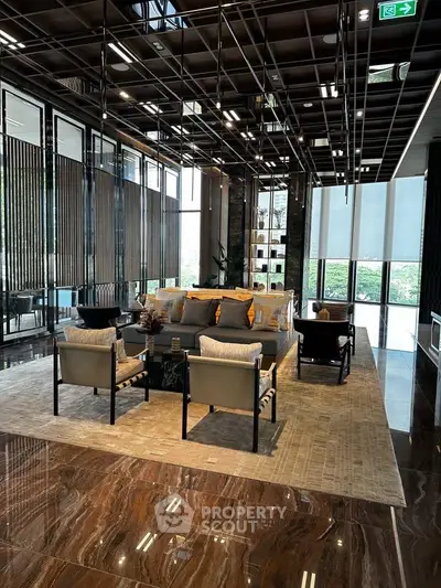 Luxurious modern living room with floor-to-ceiling windows and elegant decor