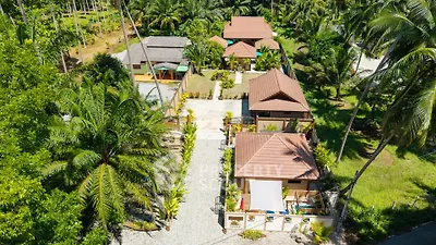 Aerial view of tropical villas surrounded by lush greenery and palm trees, showcasing serene and private living.