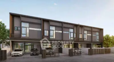 Modern townhouse exterior with multiple units and parking spaces, showcasing contemporary architecture and design.