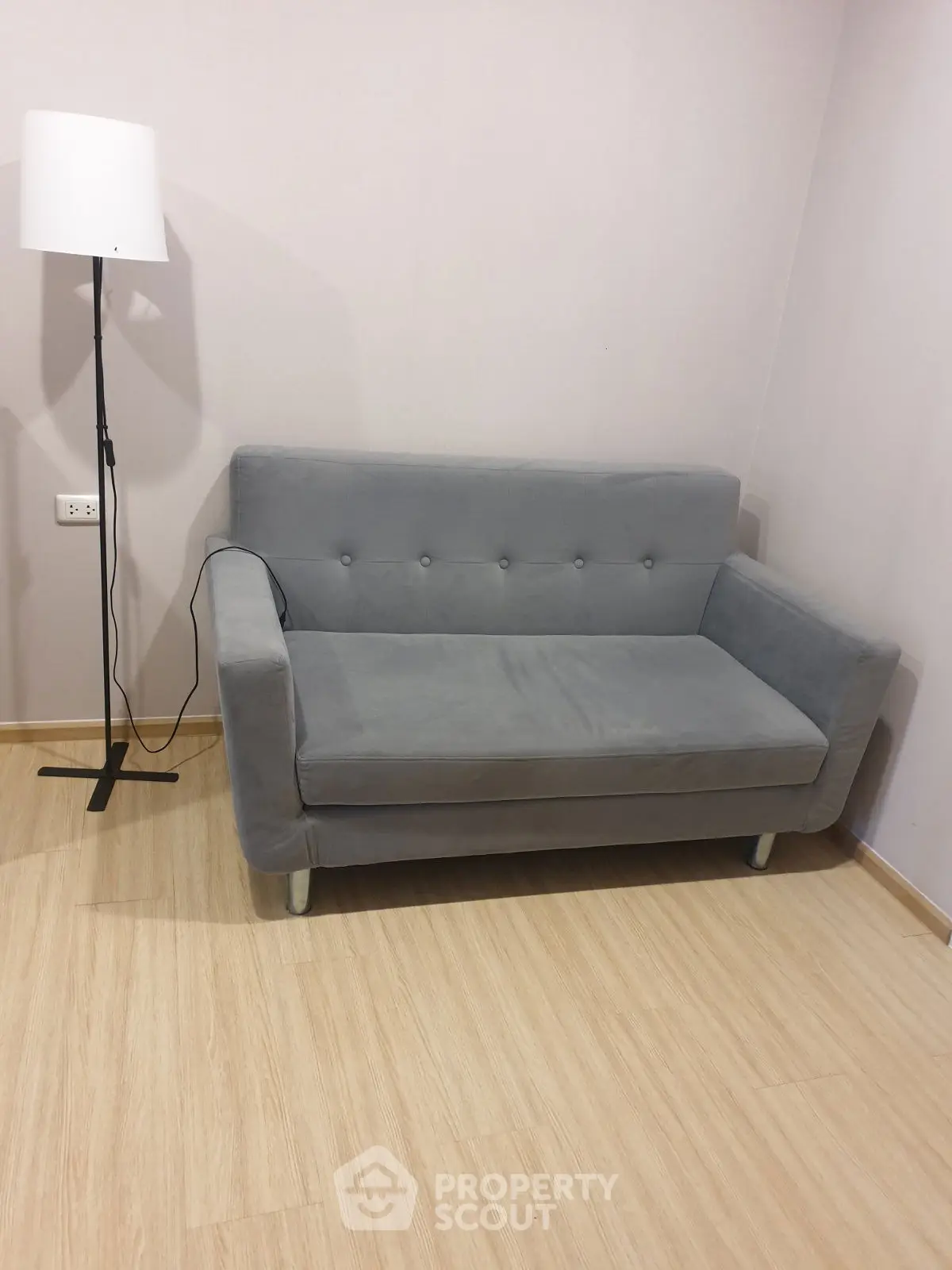 Cozy minimalist living room with grey sofa and modern floor lamp.