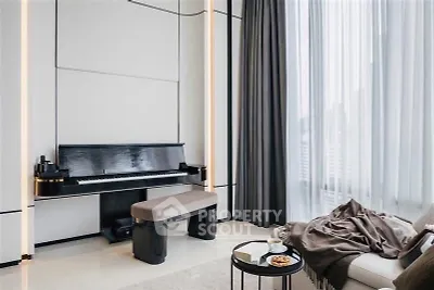 Elegant living room with piano and floor-to-ceiling windows in modern apartment
