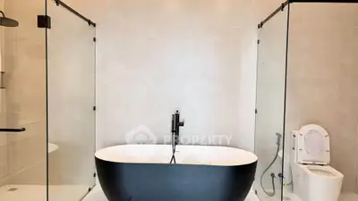 Luxurious modern bathroom with freestanding black bathtub and glass shower enclosure.