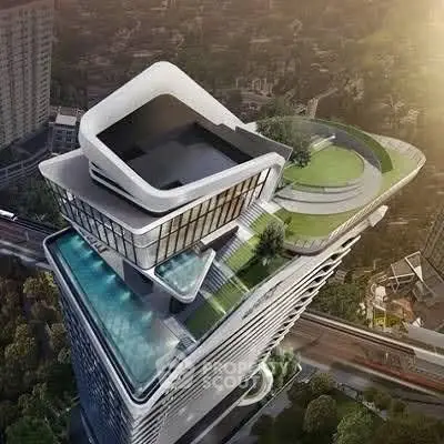 Stunning aerial view of a modern skyscraper with rooftop garden and pool, showcasing innovative architecture.