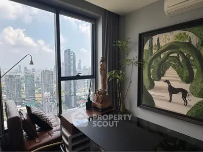 Luxurious high-rise apartment with stunning city view and elegant interior decor.