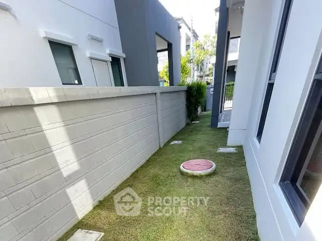 Modern residential exterior with narrow garden path and contemporary architecture.