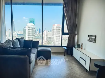 Modern living room with stunning city view and elegant furnishings
