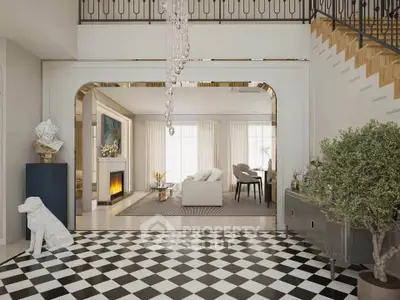 Luxurious living room with elegant decor and fireplace, featuring a grand staircase and checkered flooring.