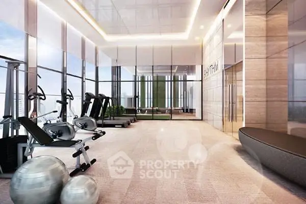 Luxurious high-rise gym with panoramic city views and modern fitness equipment.