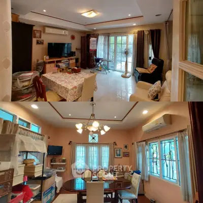 Spacious and inviting two-level living space with ample natural light, featuring a cozy sitting area, elegant dining set, and access to a sunny balcony.