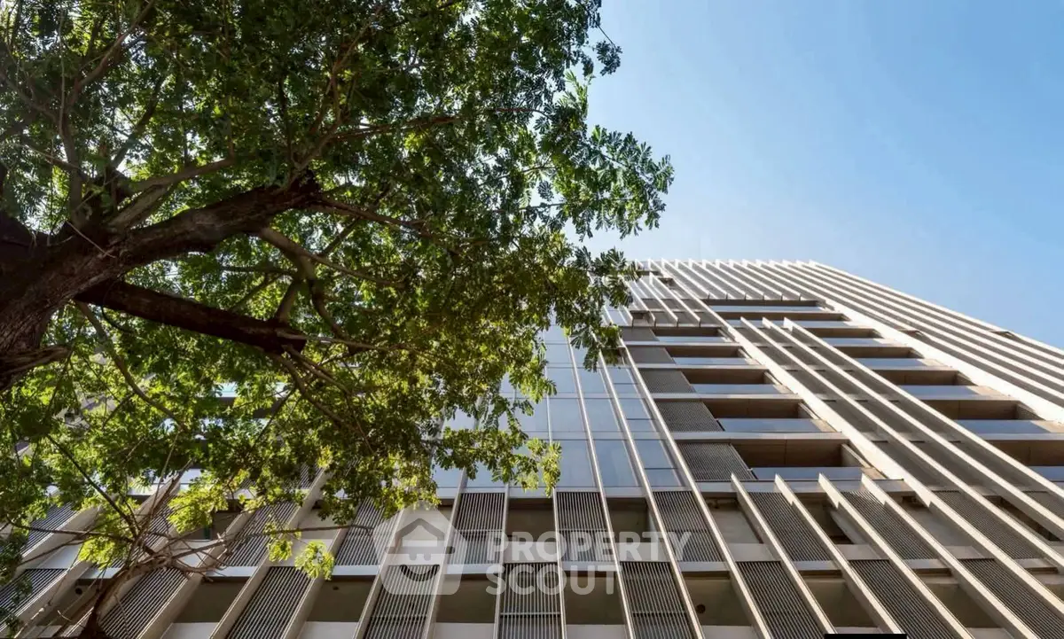 Modern architectural building exterior with tree and clear blue sky