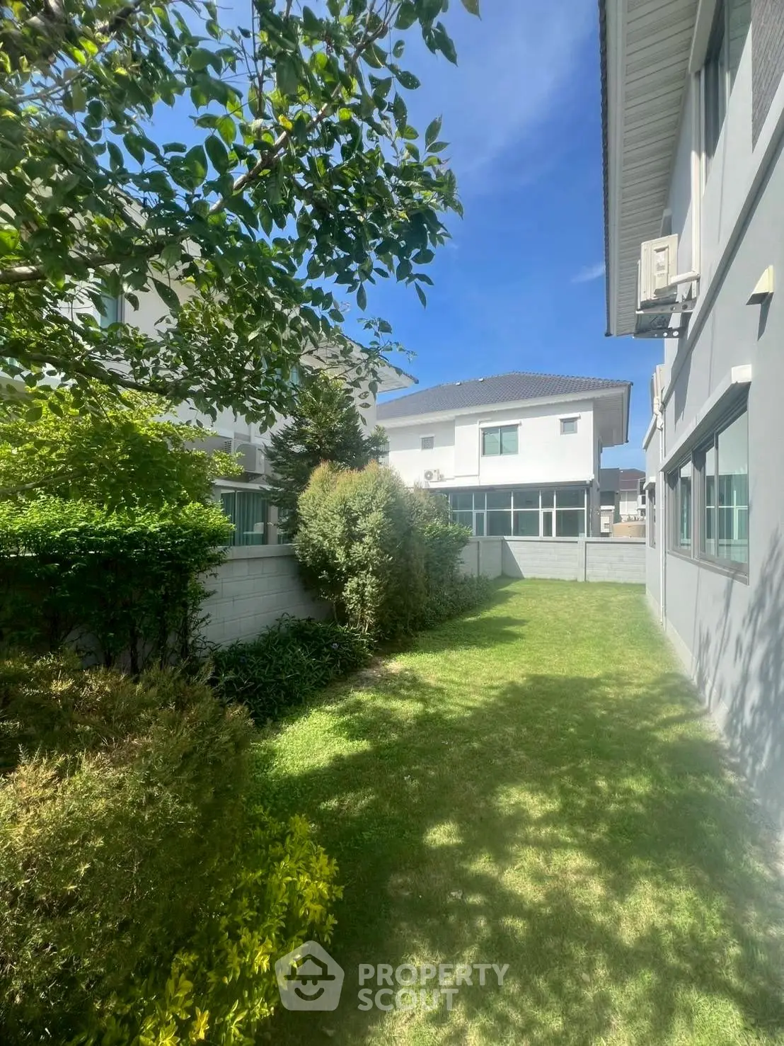 Charming residential garden with lush greenery and modern house exterior under clear blue sky.