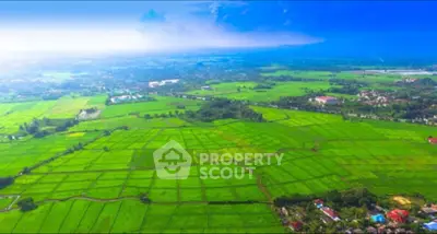 Expansive aerial view of lush green fields and distant horizon, perfect for real estate development.