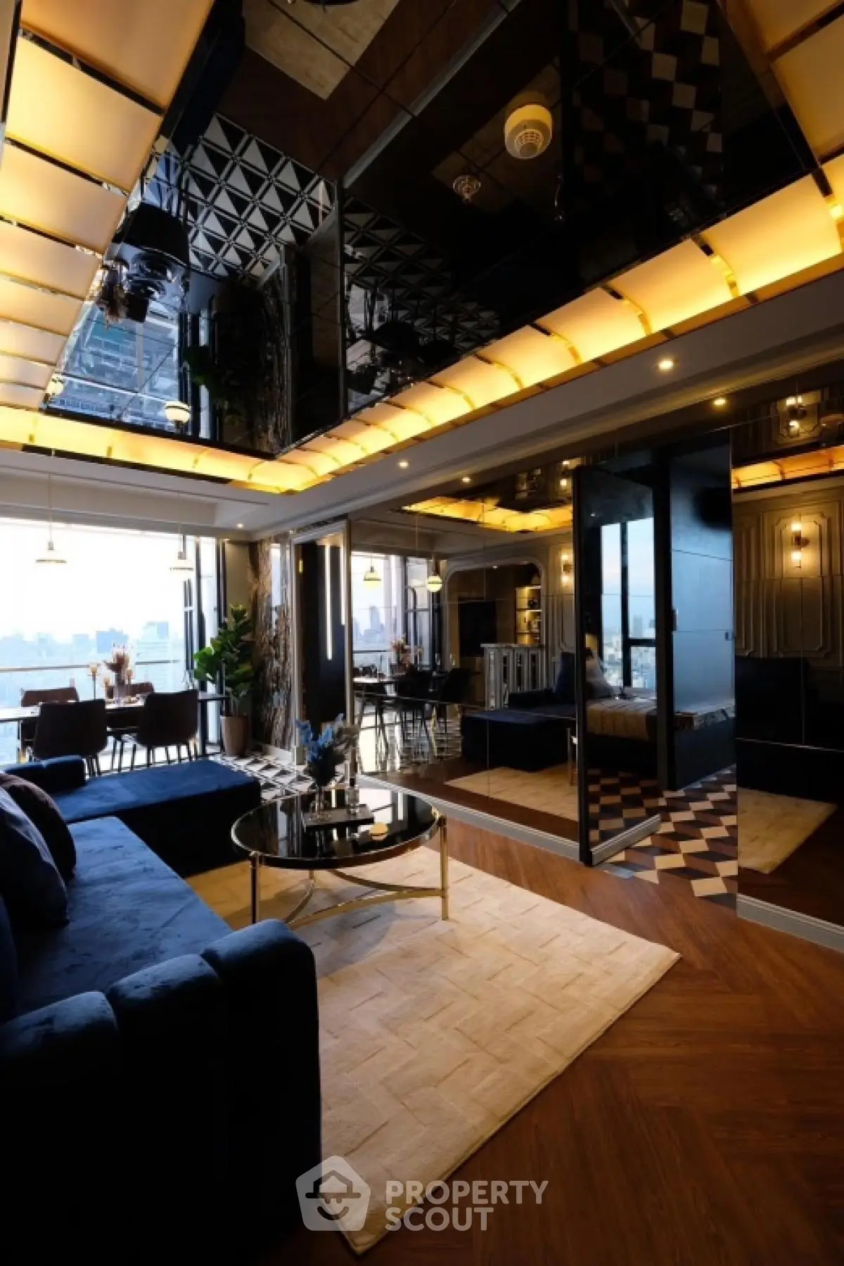 Luxurious modern living room with stunning city view and elegant decor