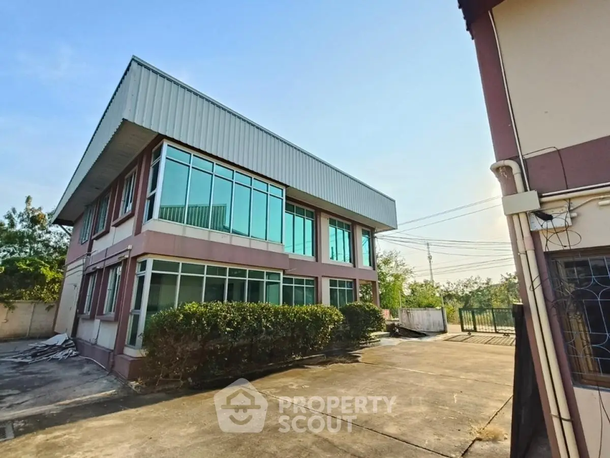 Spacious two-story commercial building with large windows and ample parking space