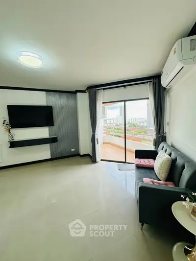 Modern living room with balcony view in a stylish apartment