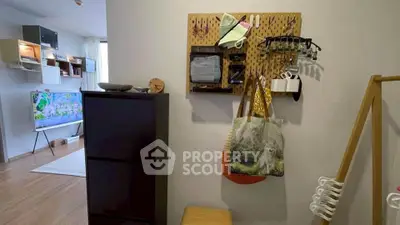 Modern living room with stylish storage solutions and wall-mounted organizer