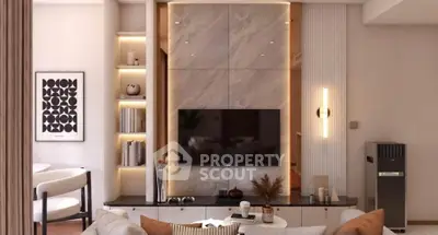 Modern living room with stylish decor and built-in shelving