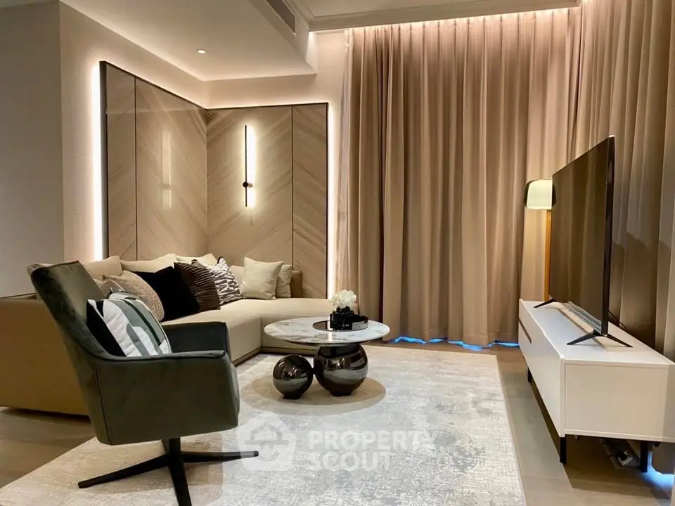 Luxurious modern living room with elegant decor and ambient lighting