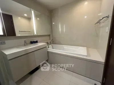 Modern bathroom with sleek design and built-in bathtub