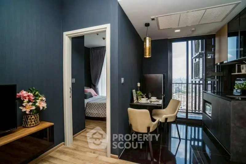 Modern apartment interior with dining area and city view