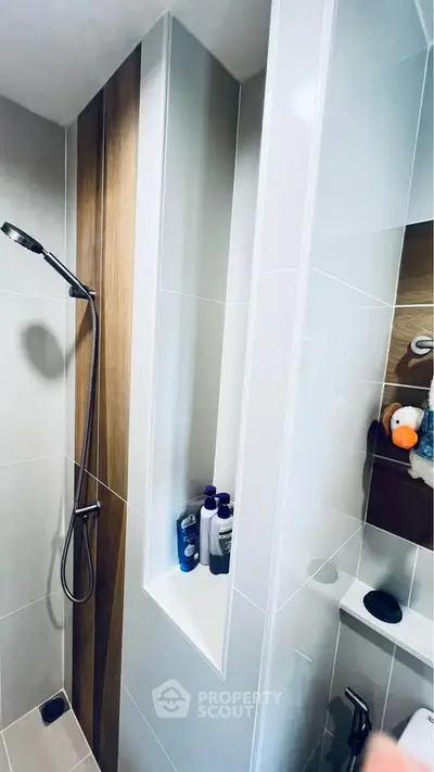 Modern bathroom with sleek shower design and built-in shelving