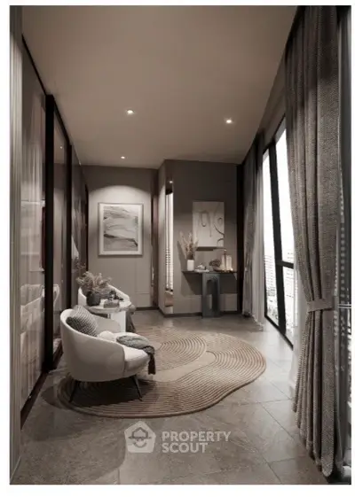 Elegant modern living area with floor-to-ceiling windows and stylish decor