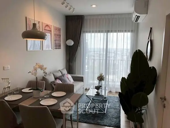 Modern living room with dining area and large window view