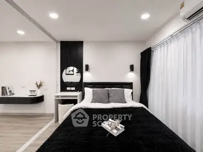 Modern bedroom with sleek design, featuring a cozy bed, stylish decor, and ambient lighting for a serene atmosphere.