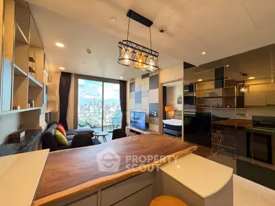 Luxurious modern living room with stunning city view and elegant interior design