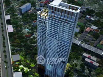 Stunning aerial view of a modern high-rise building in an urban landscape.