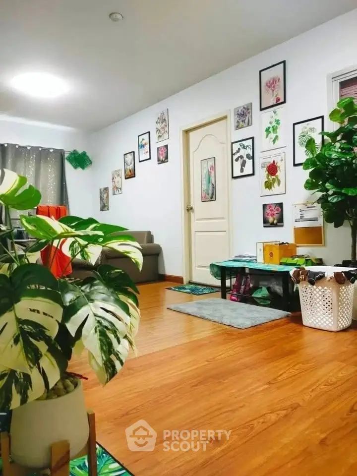 Charming living room with vibrant decor and lush indoor plants, perfect for relaxation and style.
