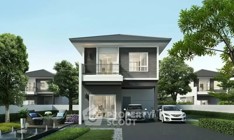 Modern two-story house with driveway and landscaped garden in a serene neighborhood.