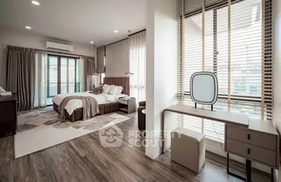 Luxurious bedroom with modern decor and large windows for natural light
