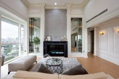 Luxurious living room with elegant decor and stunning city view