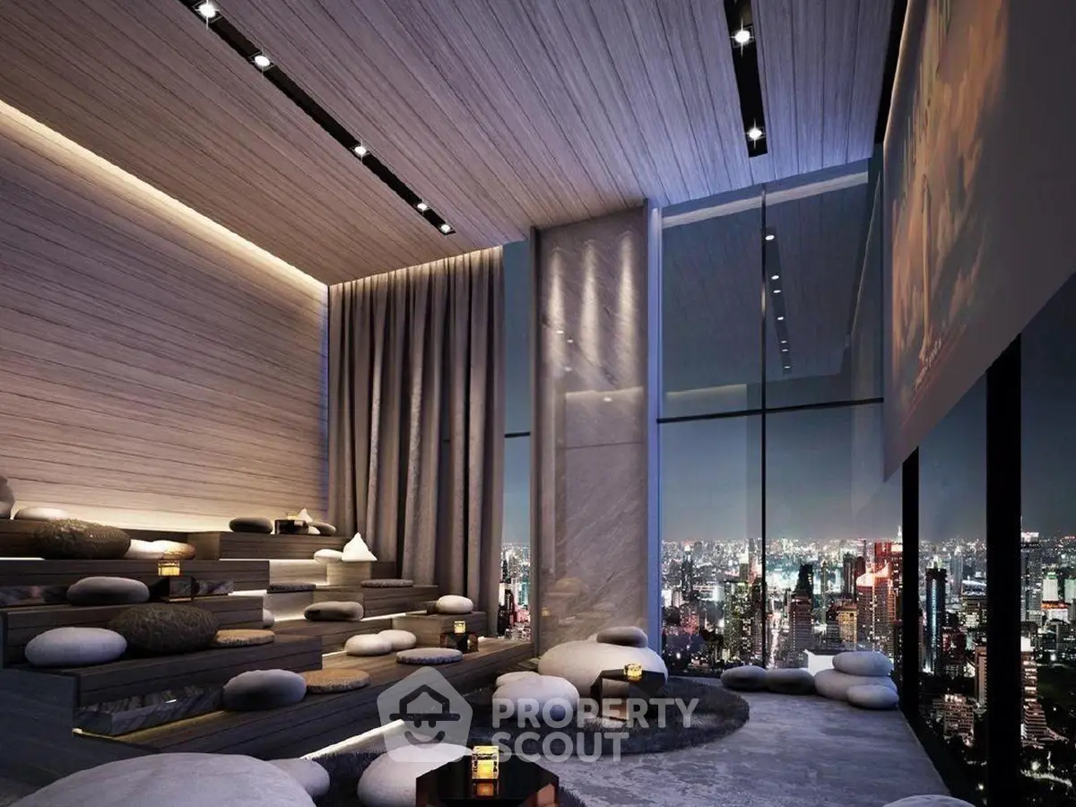 Luxurious modern living room with panoramic city view and stylish seating area.