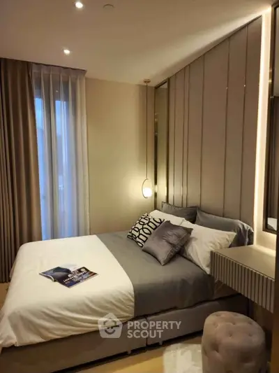 Luxurious modern bedroom with elegant decor and ambient lighting