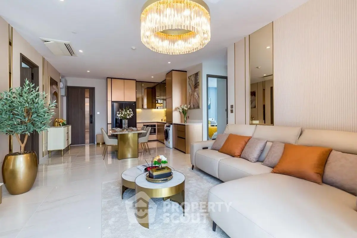 Luxurious modern living room with elegant decor and open kitchen layout