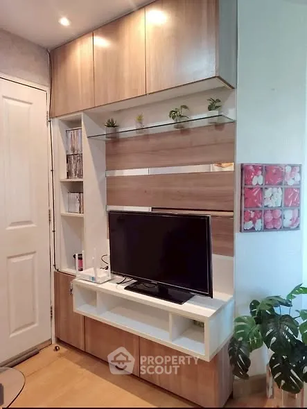 Modern living room with stylish wooden TV cabinet and decorative plants